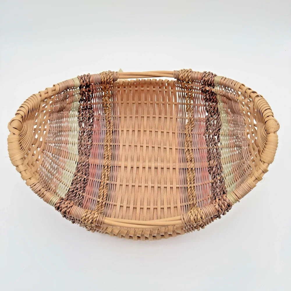 Vintage Hand Woven Basket Rattan Seagrass Artisan Signed 16.5 x 11.75 x 5